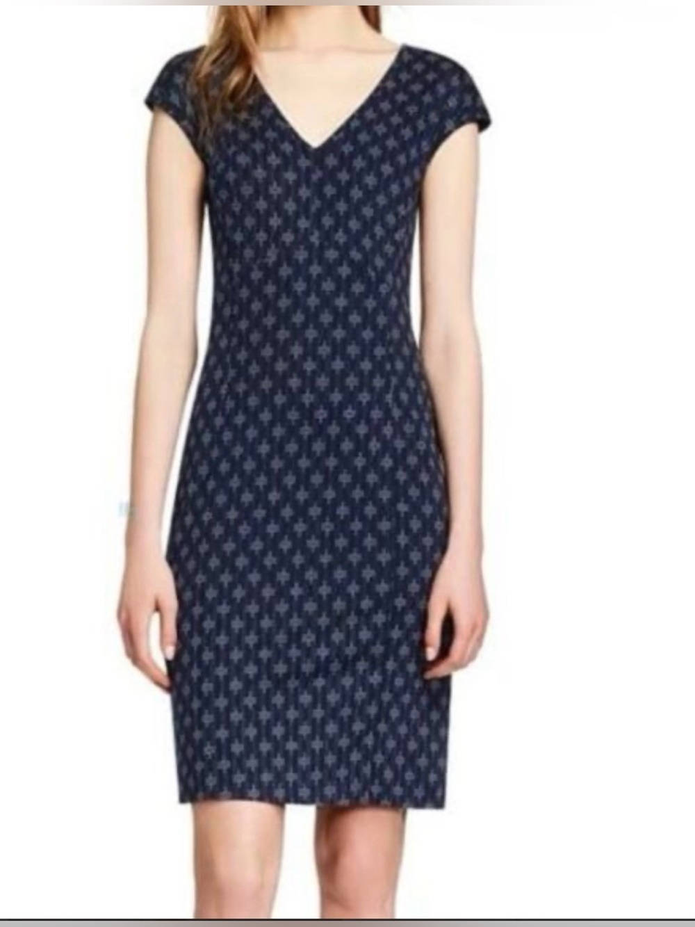 TORY BURCH Libby Pinstripe Print Navy Blue Cap Sleeve Silk Dress XS